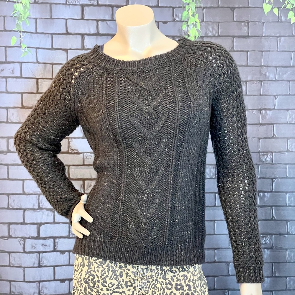 Cynthia Rowley Black, cable knit sweater with interweaving gold thread